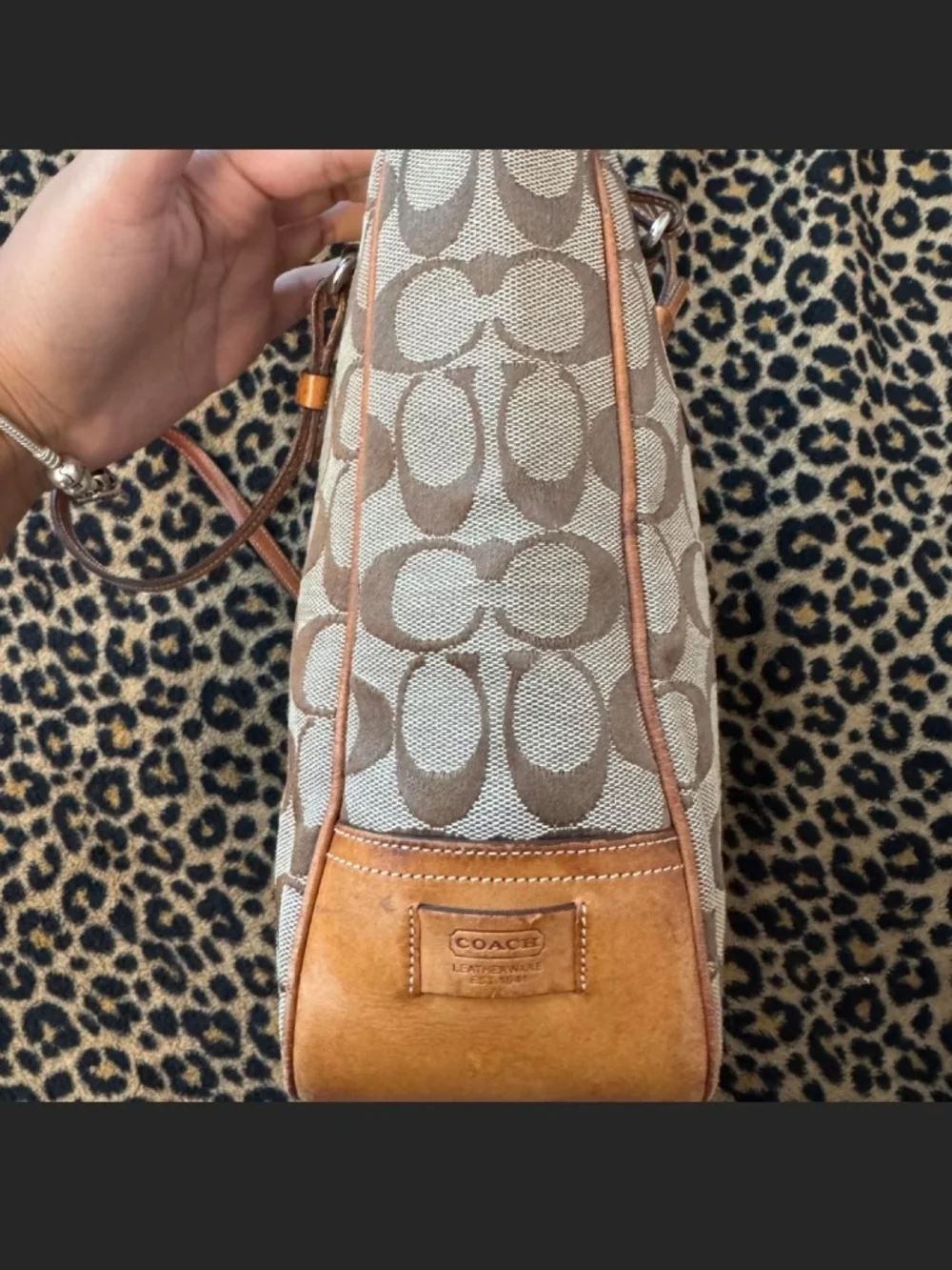 Coach Brown Signature Canvas Shoulder Tote with Tan Leather Trim